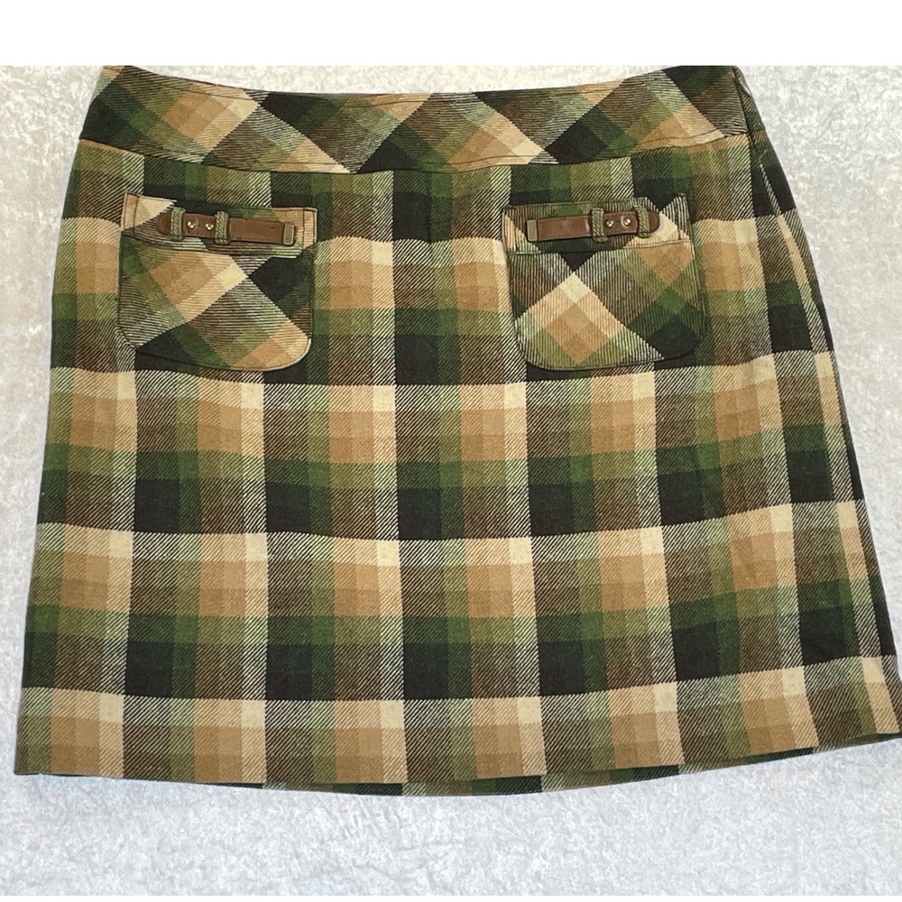 Ann Taylor Loft Mini Skirt Womens 14 Green Plaid Wool Blend Preppy Pocket Buckle